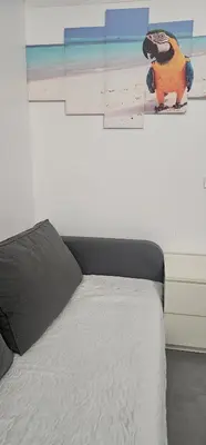 a bedroom with a bed and a painting of a bird at A45 ViviendaTurísticaValencia Mundo in Valencia
