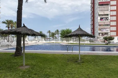 two umbrellas in the grass near a swimming pool at Nereidas, A-2, 1-2 in Cullera
