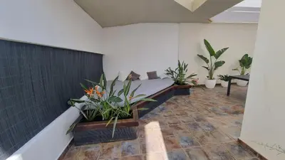 a room with a bed with plants in it at Villa with magnificants sea views on Cullera bay. in Faro de Cullera