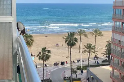 a view of a beach with palm trees and the ocean at APPARTEMENT VUE MER 40 METRES DE LA PLAGE in Cullera