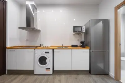 a kitchen with a washing machine and a refrigerator at Exclusivos Lofts en Plaza del Ayuntamiento in Valencia