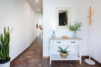 a hallway with a white console table and plants at Casa rural Torre Buena Vista a 40 minutos de Valencia con gran jacuzzi y vistas maravillosass in Benafer