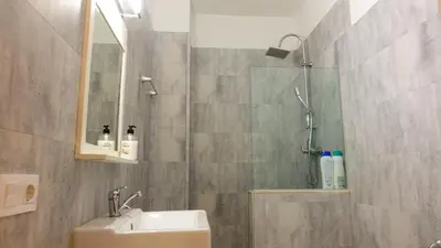 a bathroom with a shower and a sink and a mirror at Acogedor piso en el corazon del Casco Historico in Valencia