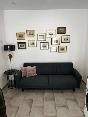 a green couch in a living room with pictures on the wall at Apartment near the port, City Of Arts and 10min to the beach in Valencia