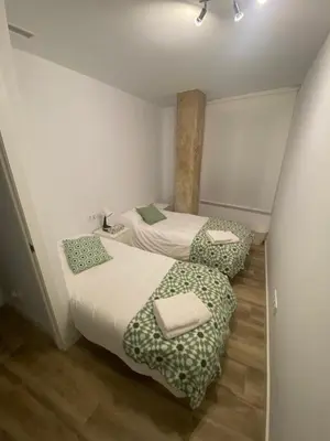 a bedroom with two beds with green and white sheets at Cozy flat in La Petxina_A in Valencia