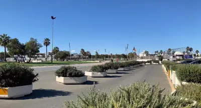 a row of potted plants in a parking lot at Apartamento equipado playa Valencia OnesDeMar in Valencia