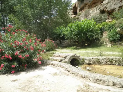 a garden with a stone bridge and pink flowers at Casa Arminda in Benafer