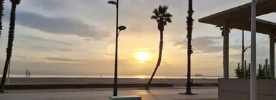 a sunset at the beach with palm trees and a building at BEACH VALENCIA LUXURY A40-13 Apartment with terrace and sea views in Valencia