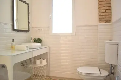 a bathroom with a toilet and a sink and a mirror at Gran apartamento cerca de Ruzafa in Valencia