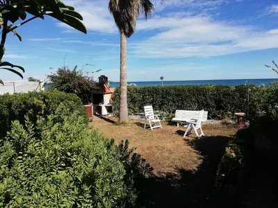 two white chairs sitting under a palm tree near the ocean at Oasis Solo Familias Serviplaya in Casas Las Basas