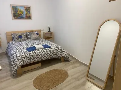 a bedroom with a bed and a mirror at Alzira bonita Apartamento D junto a Plaza Mayor, Santa Catalina in Alzira