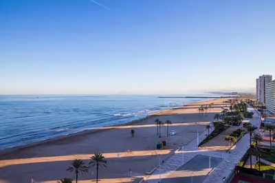 a view of a beach with palm trees and the ocean at PRIMERISIMA LINEA DE PLAYA - CULLERA BAHIA DE LOS NARANJOS I in Cullera
