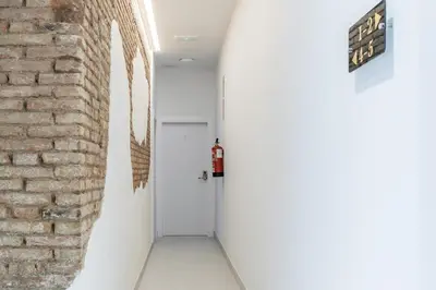 a hallway with a brick wall and a white door at Room close to City Centre in Valencia