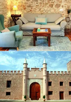 two pictures of a living room with a castle at MASÍA de SAN JUAN CASA NÚMERO 1 en Castillo con piscina y Aire Acondicionado in Segorbe