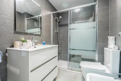 a bathroom with a shower and a toilet and a sink at Apartamento Familiar en Avenida del Puerto in Valencia