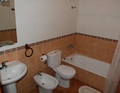 a bathroom with a toilet and a sink and a tub at Apartamentos Rurales San Juan in Castellnovo