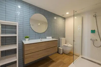 a bathroom with a sink and a toilet and a mirror at Casa Valenciana con Terraza in Valencia