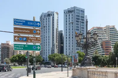 a street sign in a city with tall buildings at ApartUP Opera Loft Love in Valencia