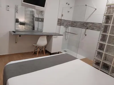 a hotel room with a bed and a shower at Apartamentos Rous - Solo adultos in Valencia