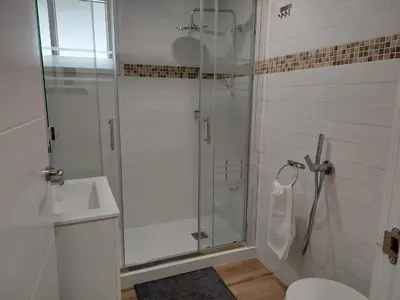 a bathroom with a shower and a toilet and a sink at Hostal GARDEN ROUS in Paiporta