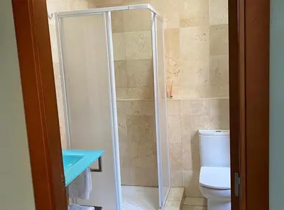 a bathroom with a shower with a toilet and a sink at Casa Rural Frigols in Chella