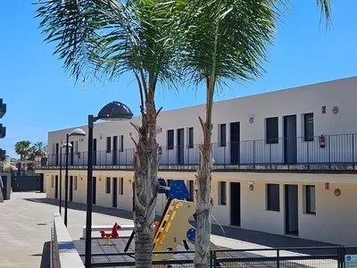 a playground with a palm tree in front of a building at Realrent Neo Mediterráneo in Barrio-Mar