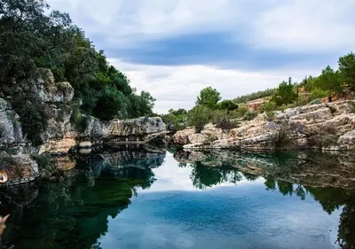 a body of water with rocks and trees at Casa rural la balsa in Anna