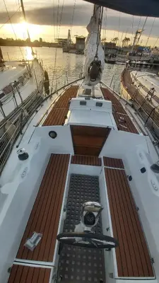 a dog sitting on a bed in the back of a boat at Velero en Puerto de Valencia - E&M Boats in Valencia