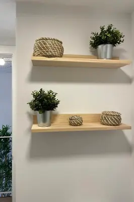 three potted plants sitting on wooden shelves on a wall at SingularStays Arena in Valencia