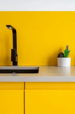 a yellow wall with a sink and a plant on a counter at CHARMING LOFT IN RUZAFA, SOHO b2 in Valencia