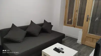 a living room with a black couch with black pillows at APARTMENTSUITESPAIN PLAYA - UNIVERSIDADes in Valencia