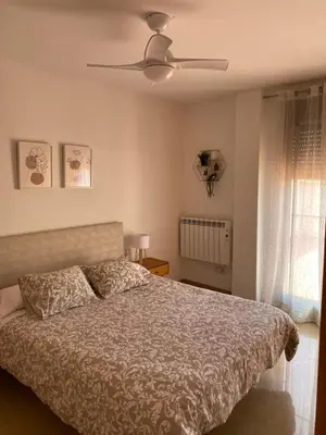 a bedroom with a bed and a ceiling fan at Apartamento San Vicente in Villar del Arzobispo