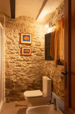 a bathroom with a toilet and a stone wall at Casa Rural Mirador de la Torre in Alcublas