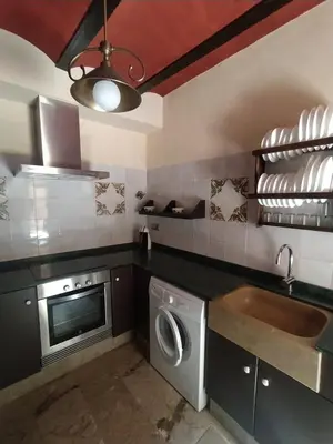 a kitchen with a sink and a washing machine at Casa Rural Mirador de la Torre in Alcublas